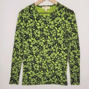 Michael Kors Floral Print Stretch Knit Top Womens M Chartreuse Black Long Sleeve